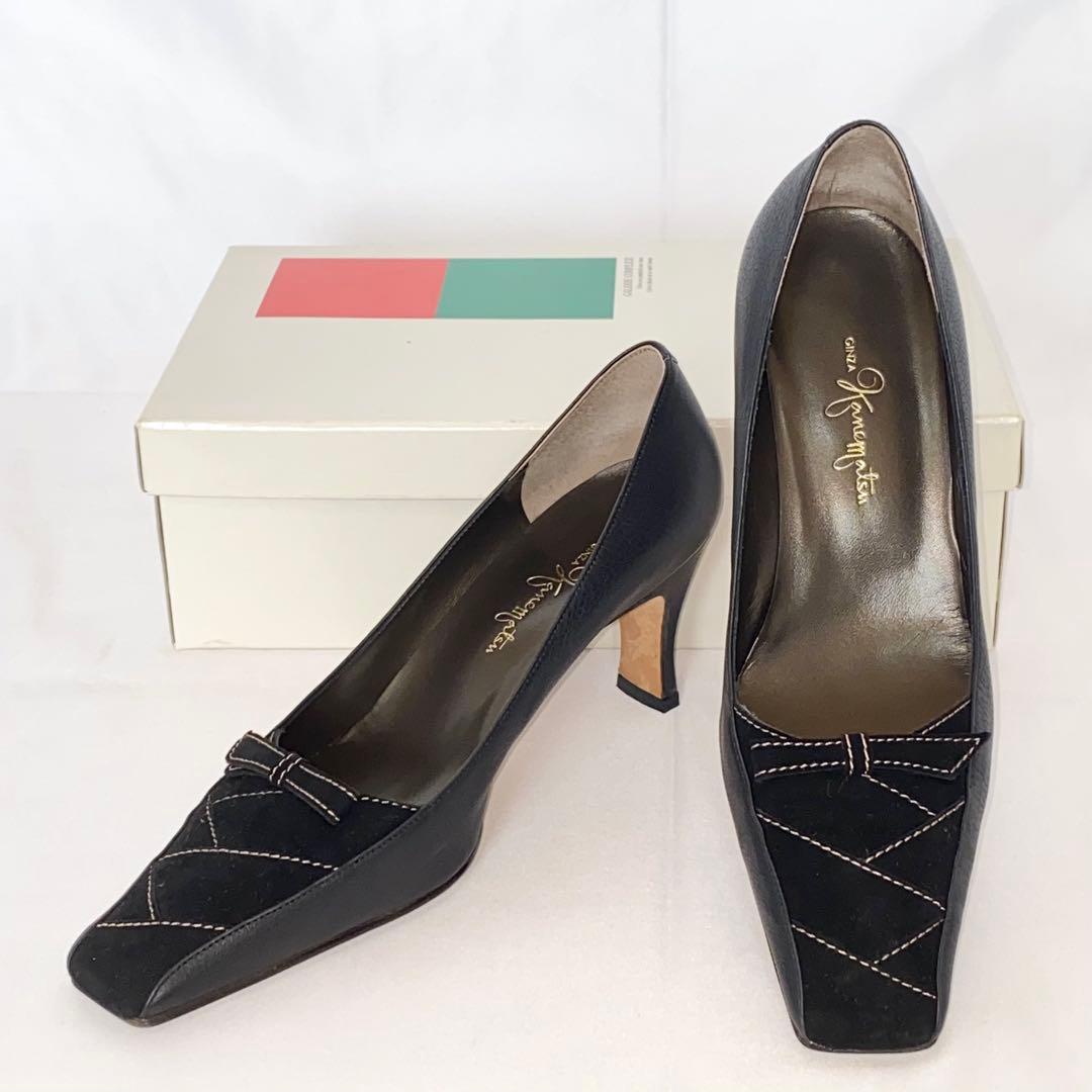 銀座かねまつ パンプス 黒 22.5cm D スクエアトゥ リボン - メルカリ