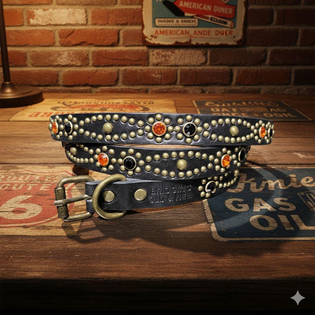 クロス橙■本革レザーフルスタッズナローベルト☆ヴィンテージアンティークゴールド 栃木レザー