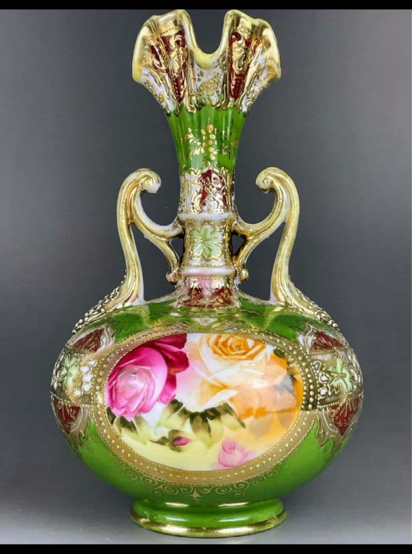 宮*浩様 アンティーク オールドニッポン アールヌーボー様式 薔薇紋 金盛り 花 ノリタケ オールドノリタケ 茶地金盛り薔薇絵 花瓶 : アンティーク