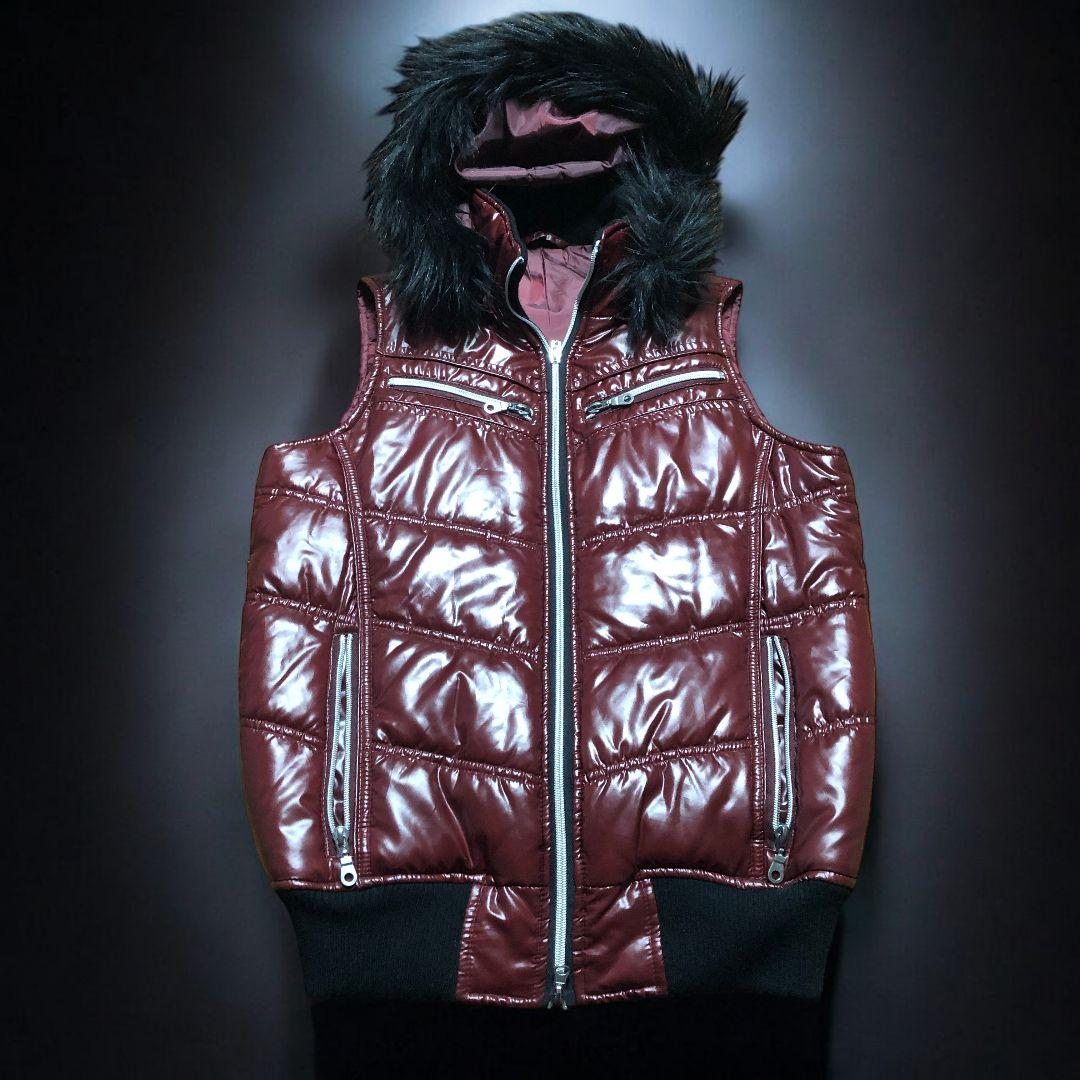 人気　y2k 光沢 バーガンディ ファーキルティングベスト ワイン色 M 人気 y2k 光沢 バーガンディ ファーキルティングベスト ワイン色 M