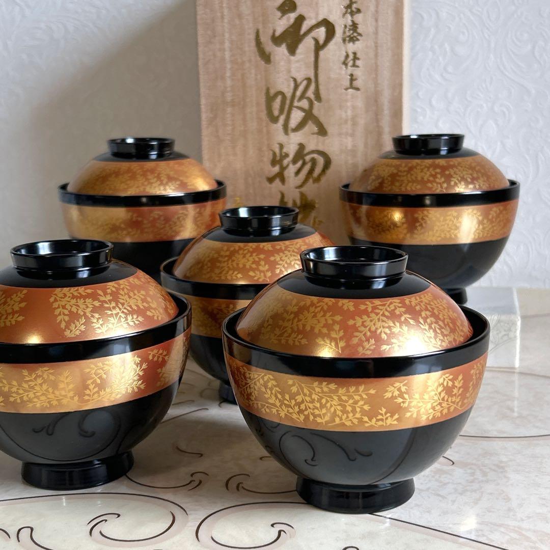 会津塗坂本乙造金彩蒔絵本漆仕上蓋付きお吸い物椀揃5客汁椀御椀漆塗