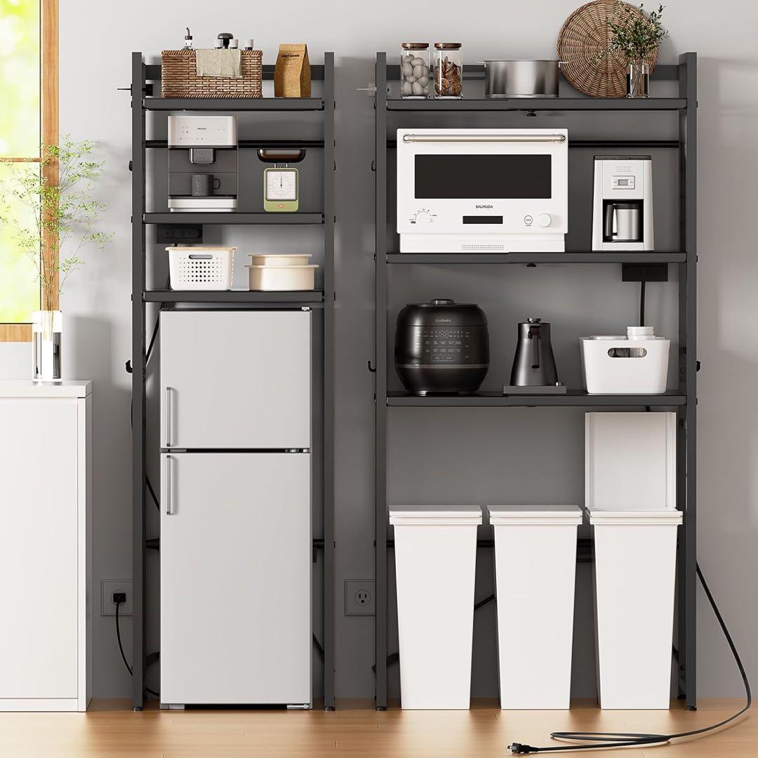 【幅伸縮・2口コンセント・高さ調整】冷蔵庫上ラック キッチンラック ブラック Amazon.co.jp: TKUIN ゴミ箱上ラック 冷蔵庫上 【幅50～80cm伸縮可・2