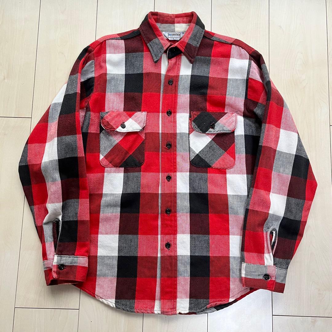 80s USA製 ファイブブラザー ブロックチェック ネルシャツ 赤黒白 M