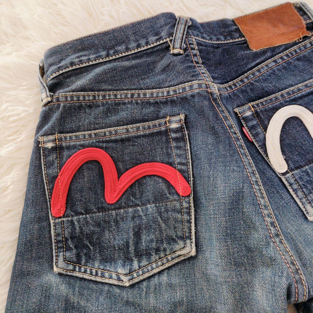 赤×白 紅白 刺繍カモメ EVISU エヴィス デニム 濃紺 赤耳 - メルカリ