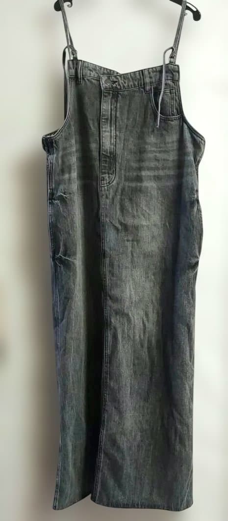 DOUDOU○グレー裾フリンジデニムジャンスカ ジャンパースカート