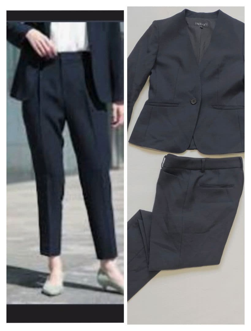 極美品　インディヴィ　ノーカラージャケット　パンツ　スーツ　セットアップ　紺 洗える／スーツ】ノーカラージャケット（ジャケット(単品)） | INDIVI