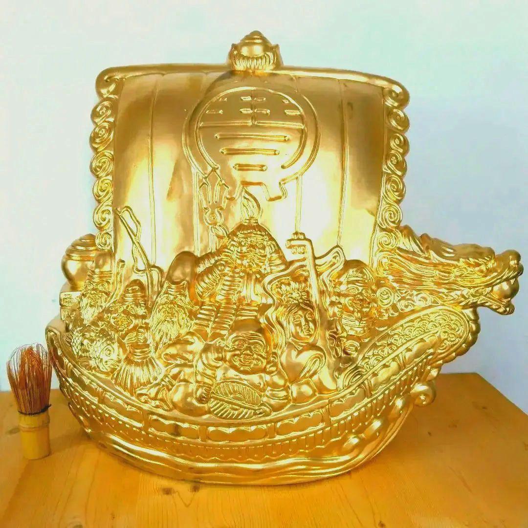 特大 金色宝船 金七福神 千両箱 開運 高43cm オブジェ 風水 陶器製