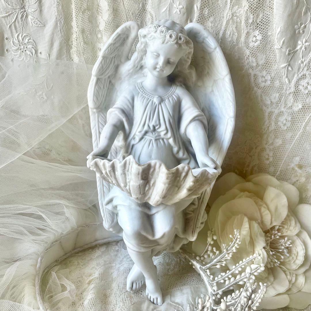 【大きめ】花輪を被った天使の聖水盤　フランスアンティーク　ベネチエ　エンジェル 送料無料】フランス 蚤の市より アンティーク 聖水盤 （パステル 天使