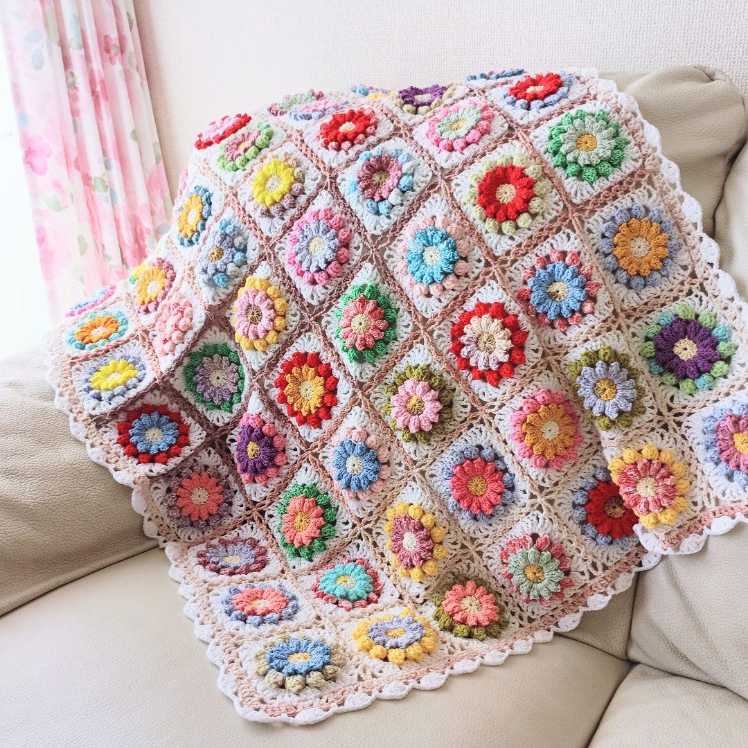 手編みブランケット★お花畑★カラフル★かぎ針編み★お花モチーフ★コットン 花 モチーフ編み ブランケット ほっこりあたたかい 手編み ひざ掛け