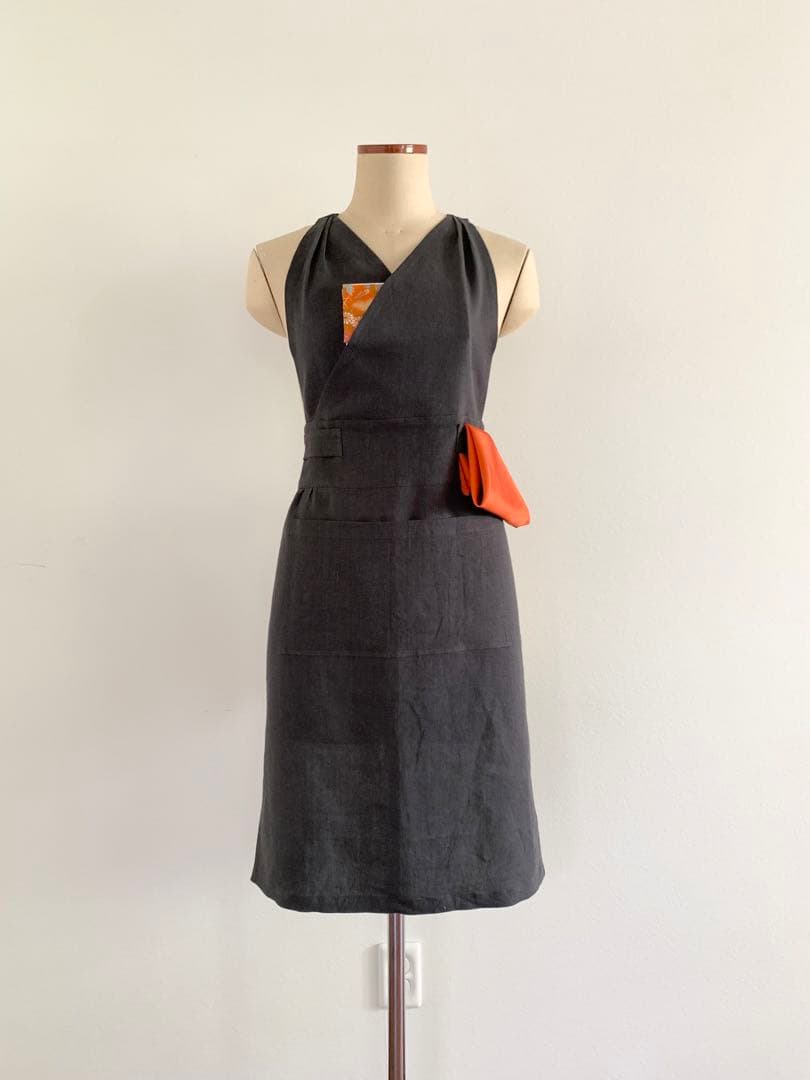 稽古着エプロン　フレンチリネン　チャコール　7-13号 フルエプロン マノン _ チャコールグレイ
