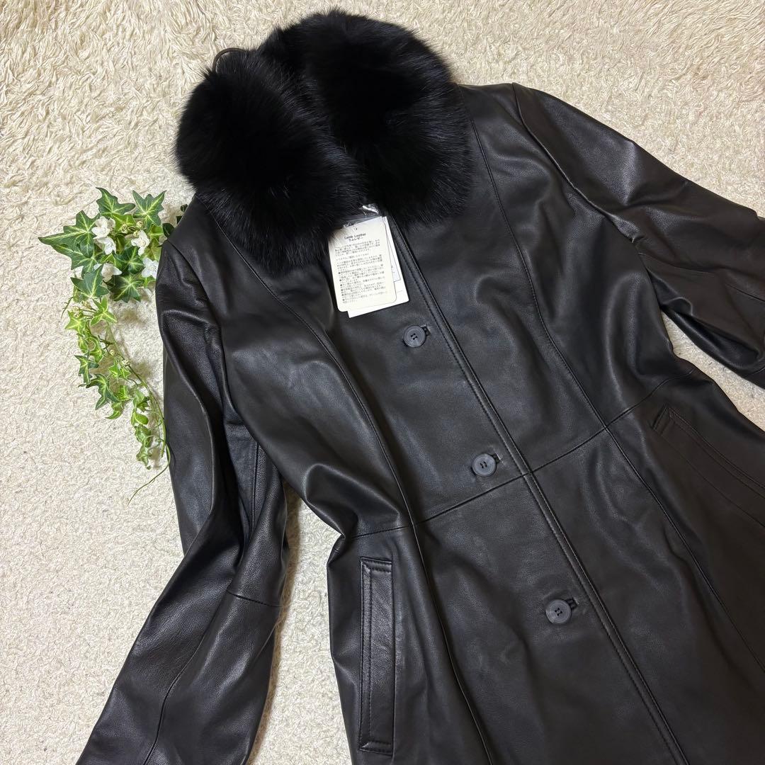タグ付未使用　大きいサイズ　ニッセン　レザーコート　フォックスファー　ラムレザー レザーコート レディース ロング コート ファー 袖 フォックス 毛皮