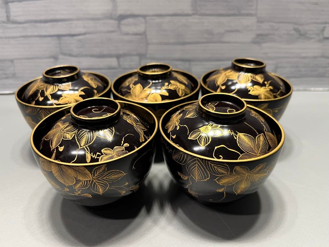 時代　極上　輪島塗　沈金蒔絵　小さな吸物椀　五客　木製 天然木製漆塗 在銘 輪島塗 竹金蒔絵 吸物椀5客セット - 生活骨董と