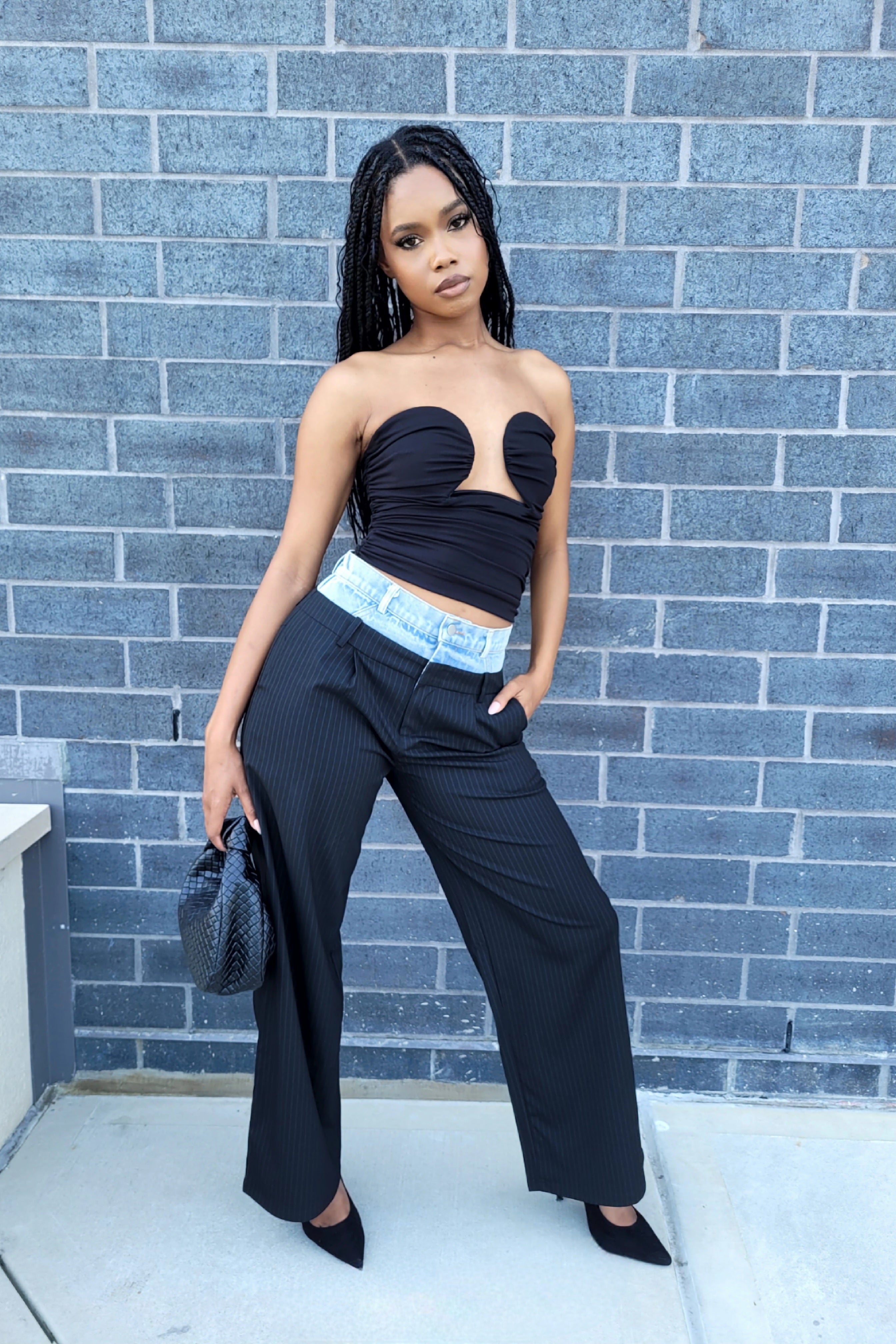 Kehlani | Black Pinstripe Denim Waistband Wide Leg Trousers