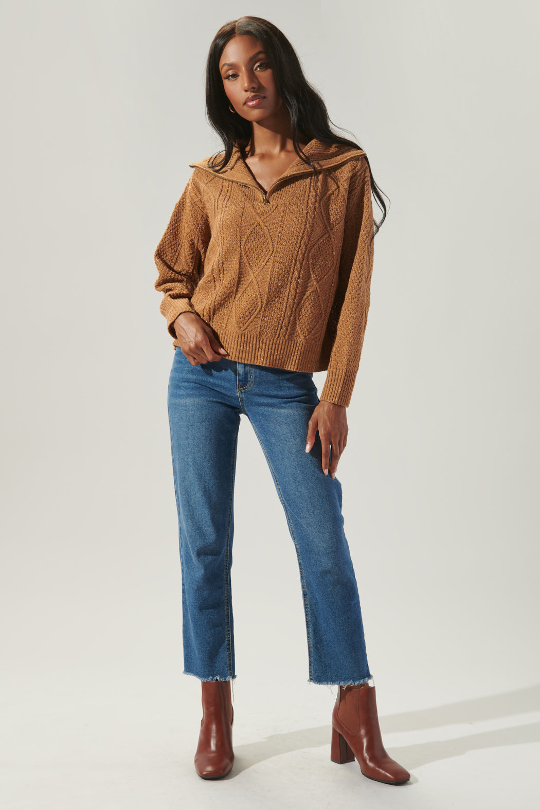 Mocha Cable Knit Half Zip Sweater – Sugarlips