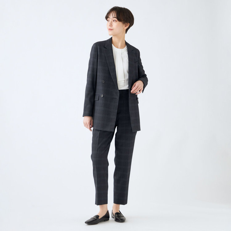 SL】【秋冬】4釦1掛ダブル パンツスーツ/ネイビー×チェック