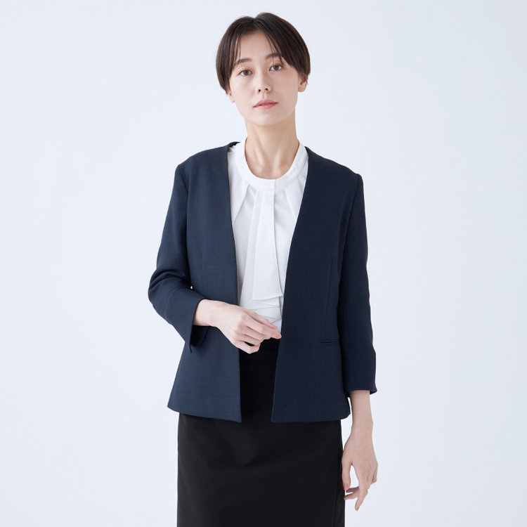 SL】【春夏】ノーカラー七分袖ジャケット/ネイビー/ウォッシャブル